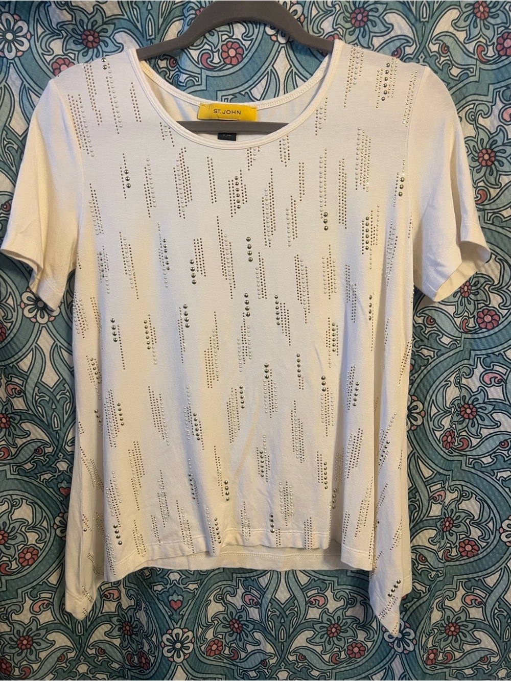 St. John Cream Short-Sleeve Tee with Metallic Stud Accents